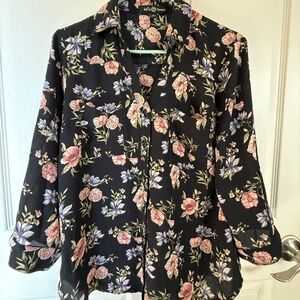 Belle Tweed Women’s Large Floral Blouse Black Pink Long Sleeve Top